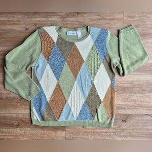 Vintage Alfred Dunner Sweater Green, Blue, Brown Argyle Crewneck Size Medium